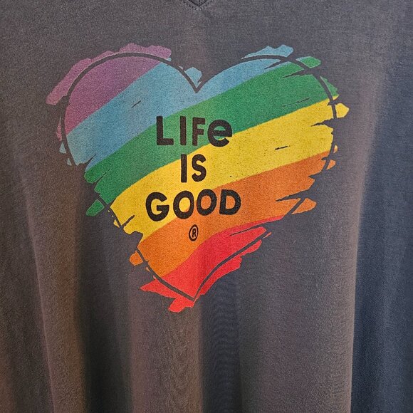 Life Is Good Rainbow Flower Heart Graphic Print Blue Short Sleeve Tshirt - Picture 3 of 6